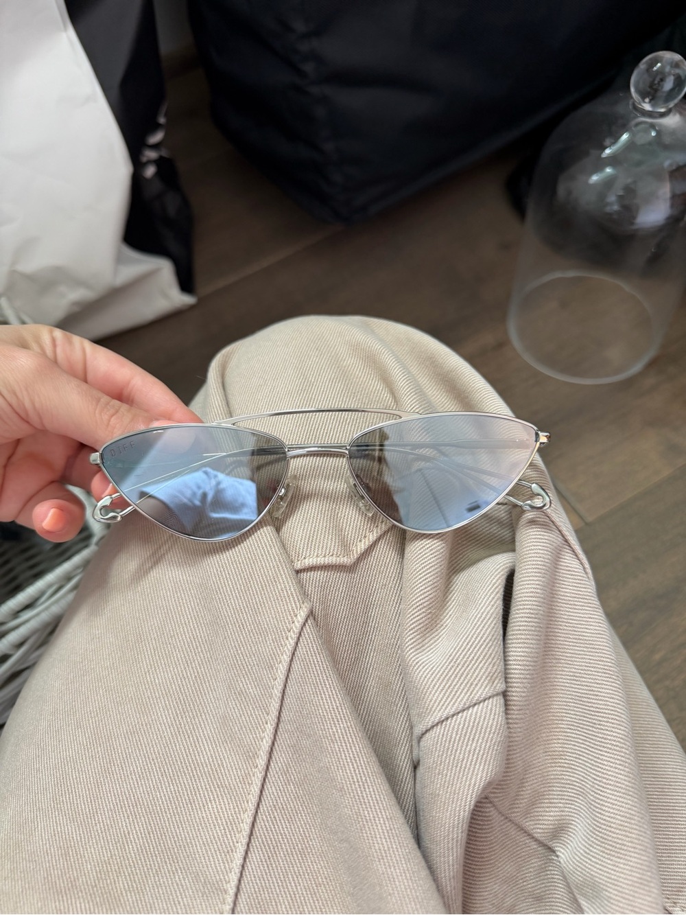 Slim Cat Eye Silver Frame Sunglasses with Blue-Tinted Lenses